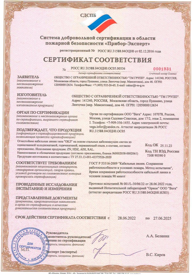Сертификат Огнестойкая Кабельная Линия - ТМ-групп