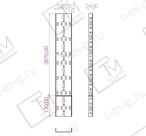 Лоток несущий прямой НЛ-10 П2,87 высотой 24 мм чертеж