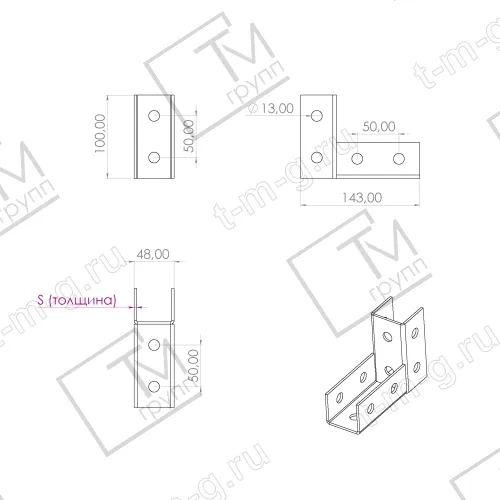 Соединитель C-образного профиля 41х41 под углом 90 градусов чертеж