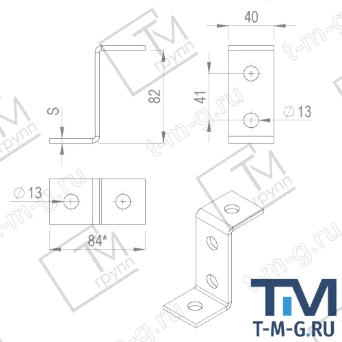 Пластина Z-образная для крепления двойных С-образных профилей 41х41, с 4 отверстиями, чертеж