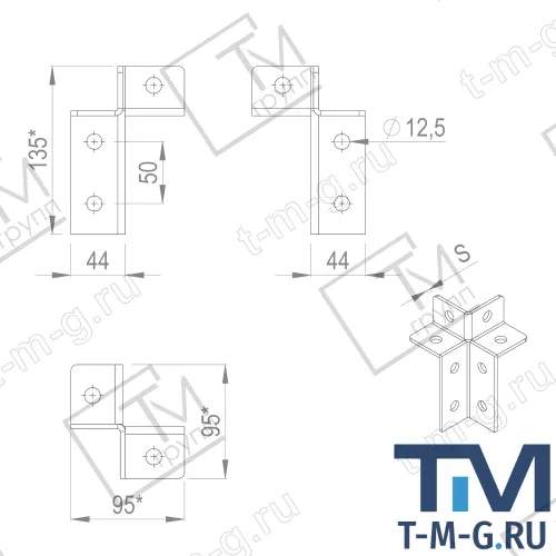 ST240 Соединитель трехлучевой для С-образных профилей 41х41 чертеж
