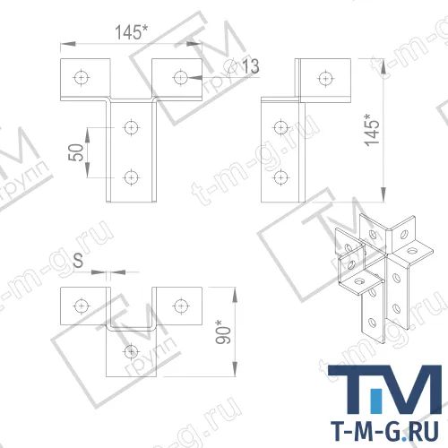 ST245 Соединитель четырехлучевой для С-образных профилей 41х41 чертеж