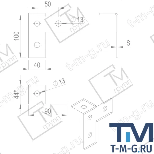 ST330 Пластина соединительная 90 градусов, левая, для С-образных профилей, Т-образная, с 4 отверстиями чертеж
