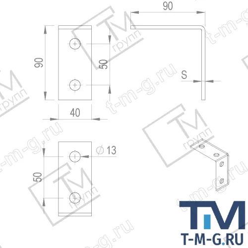 ST365 Уголок крепежный двойной для С-образных профилей 41х41, 41х21, с 4 отверстиями чертеж
